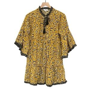 Umgee Leopard Print Bell Sleeve Mini Dress Ruffle Detail Tassel Tie Size Small